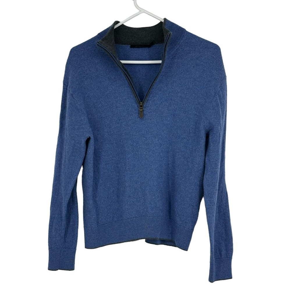 *Womens Raffi Size Large Blue w Gray Trim 1/4 Zip Extra Fine Merino Wool Sweater